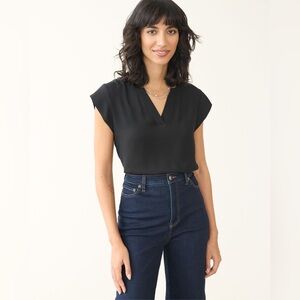 R Essentials Cap-Sleeve Blouse with Split Neckline